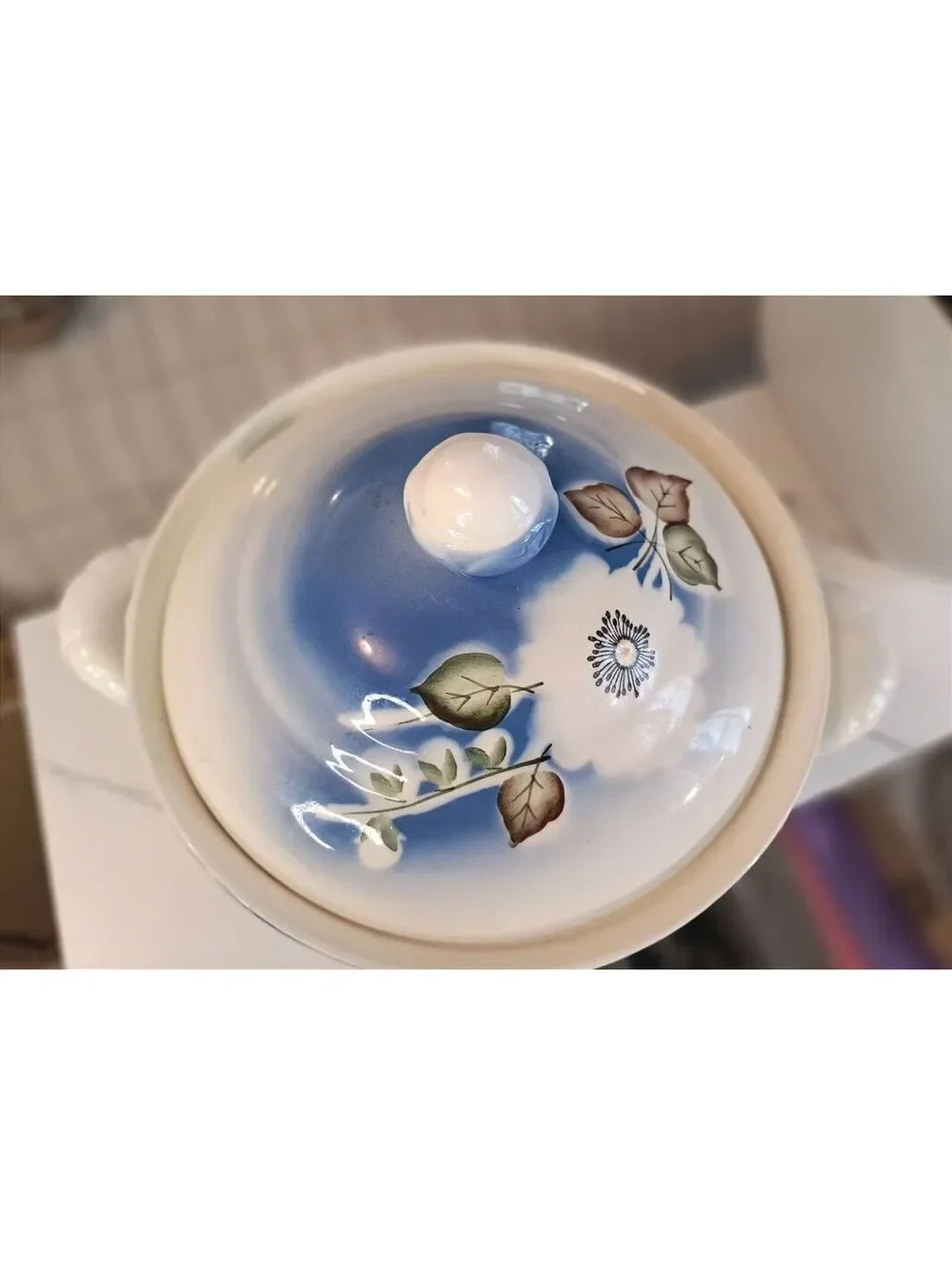 Vintage Faience Soup Tureen Blue Floral Soviet Era Krasnodar Porcelain 